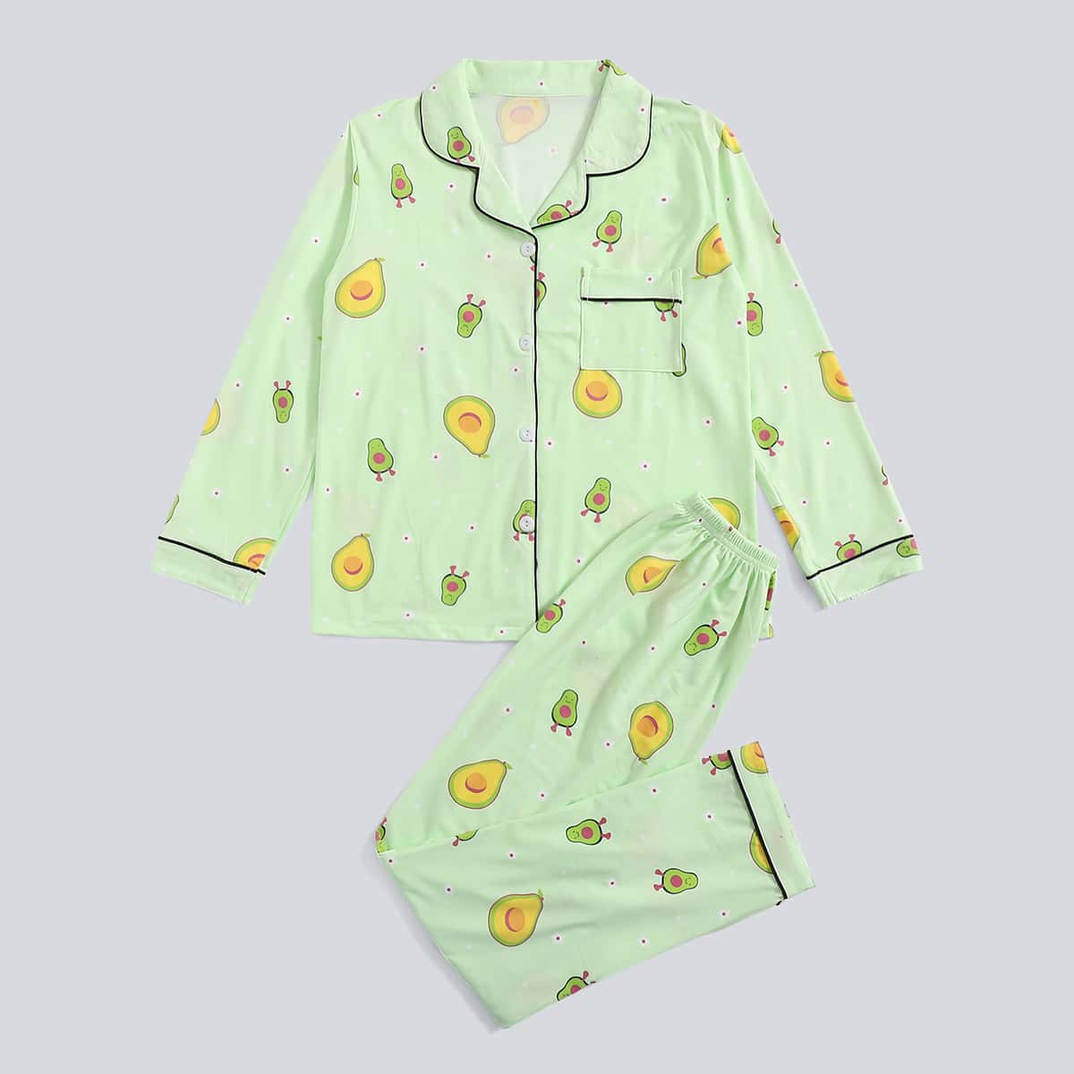 

Cartoon Avocado Print PJ Set, Green