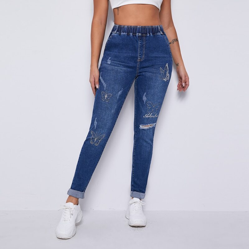 

Curvy High Waist Embroidered Butterfly Skinny Jeans, Medium wash