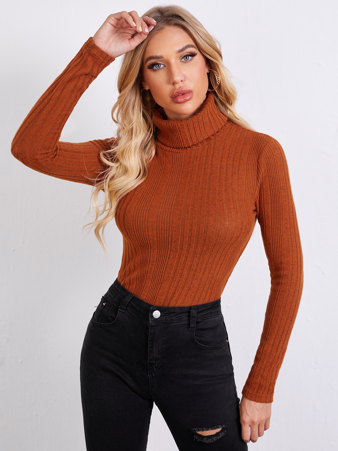 Rolled Neck Rib-knit Tee thumbnail
