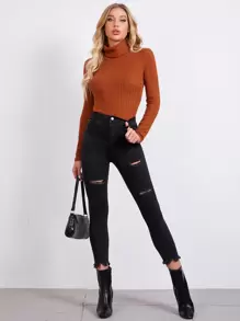 SHEIN Essnce Áo thun Gân đan màu trơn Giải trí - màu nâu - Xem 3