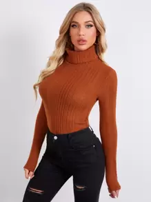 SHEIN Essnce Áo thun Gân đan màu trơn Giải trí - màu nâu - Xem 4