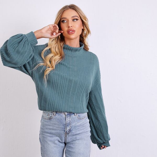 

Funnel Neck Lantern Sleeve Rib-knit Top, Dusty blue