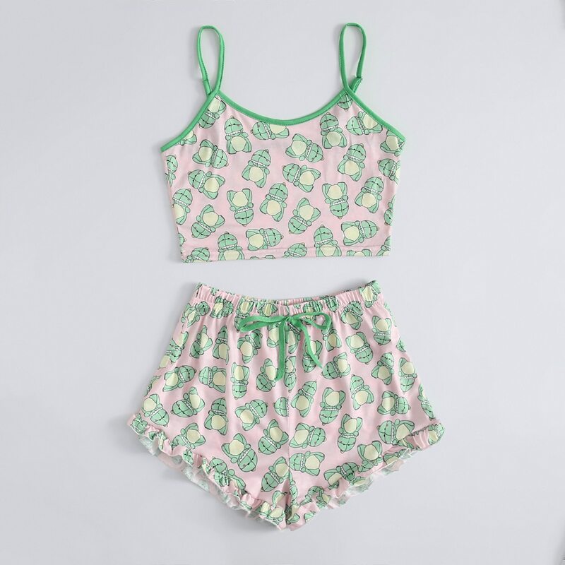 

Cartoon Print Shorts PJ Set, Multicolor
