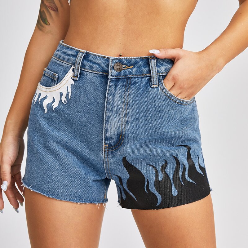 

High Waist Fire Print Denim Shorts, Light wash
