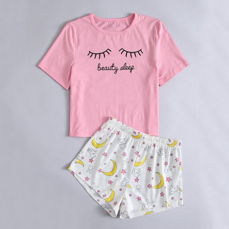 

Cartoon Print Shorts PJ Set, Multicolor