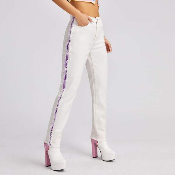 

High Waist Raw Trim Jeans, White