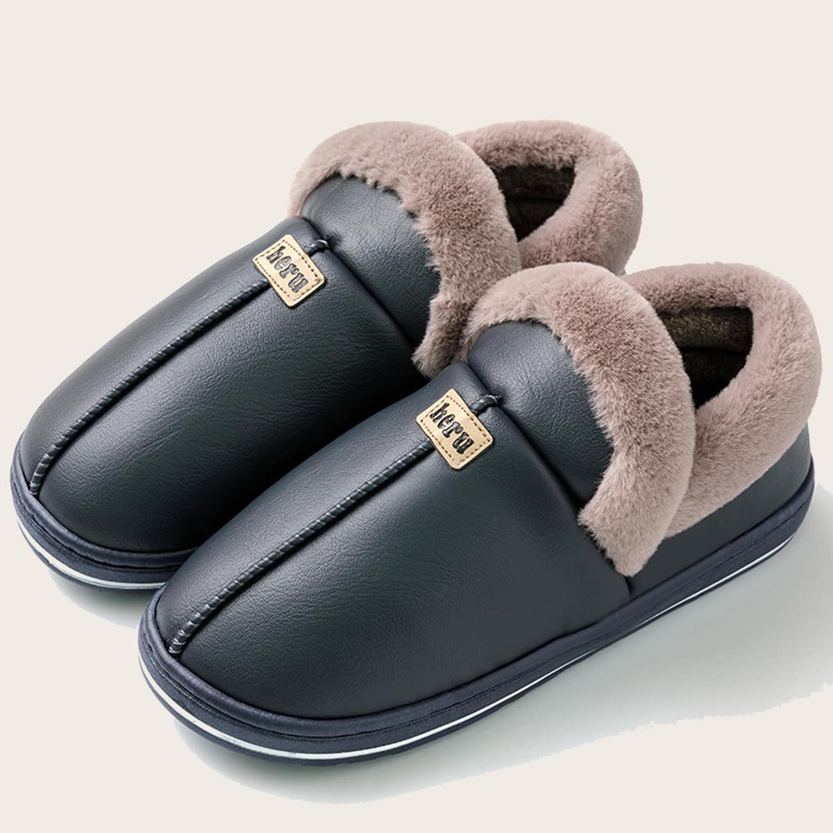 

Guys Faux Fur Decor Slippers, Teal blue