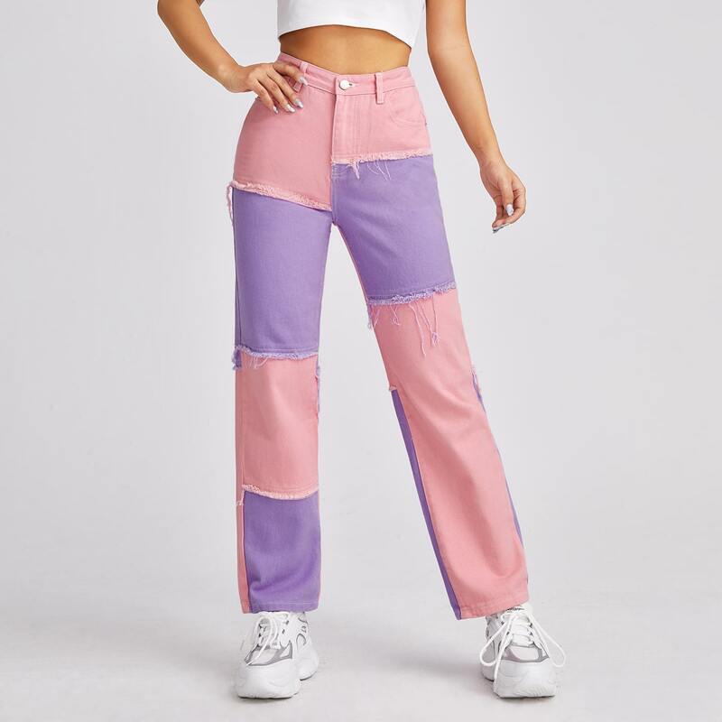 

Colorblock Raw Trim Cropped Jeans, Multicolor