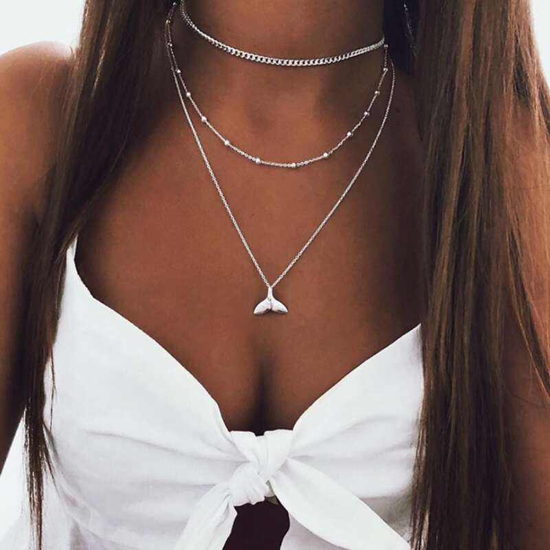 

Fish Tail Layered Chain Necklace, Silver