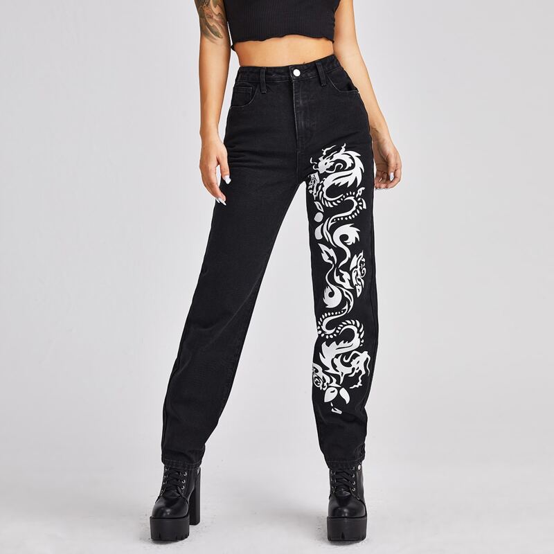 

High Waist Chinese Dragon Print Jeans, Black