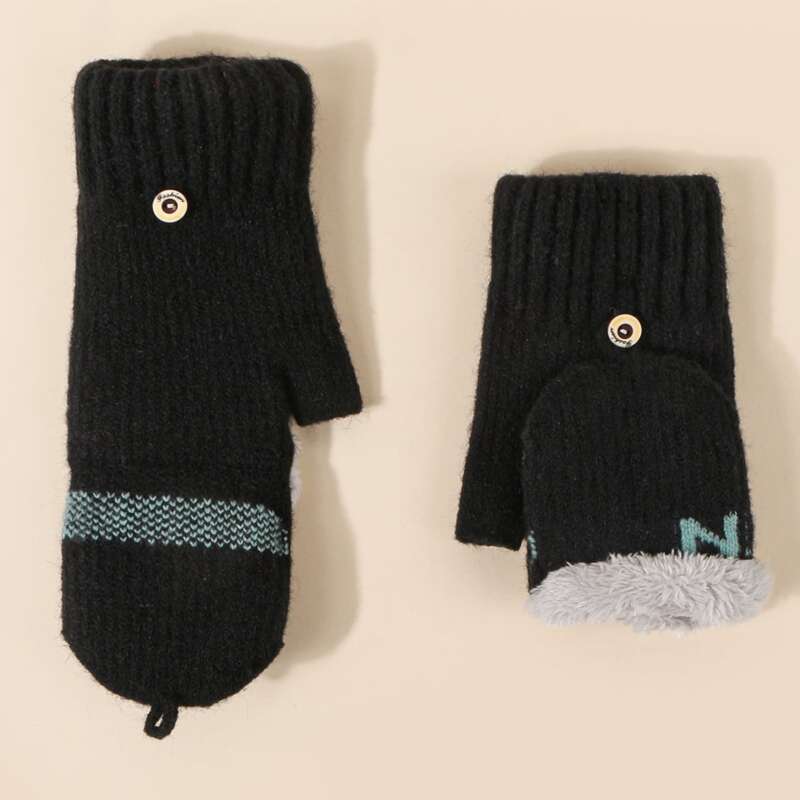 

1pair Fingerless Gloves With Mitten Flap Cover, Black