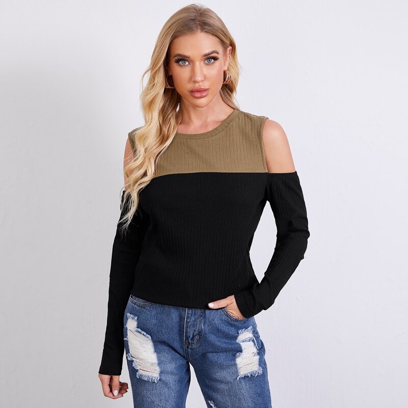

Cold Shoulder Rib-knit Tee, Black