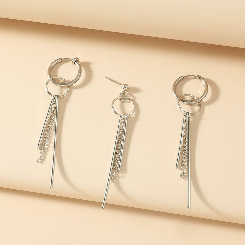 

3pcs Chain Tassel Ring Drop Earrings, Silver