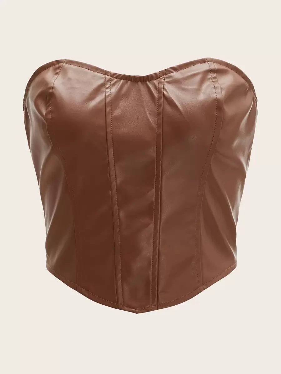 SHEIN ICON 後拉鏈前接縫不對稱下擺PU皮革抹胸上衣 - 棕色 - 查看 1