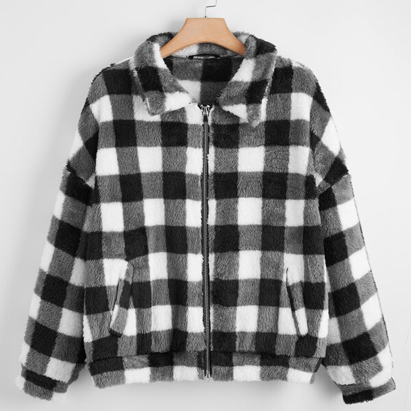 

Plus Drop Shoulder Buffalo Plaid Teddy Jacket, Black and white