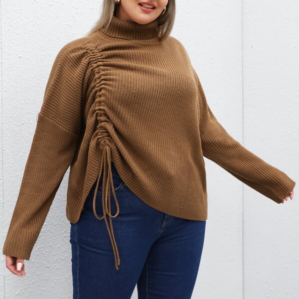 

Plus Turtle Neck Drawstring Side Sweater, Brown
