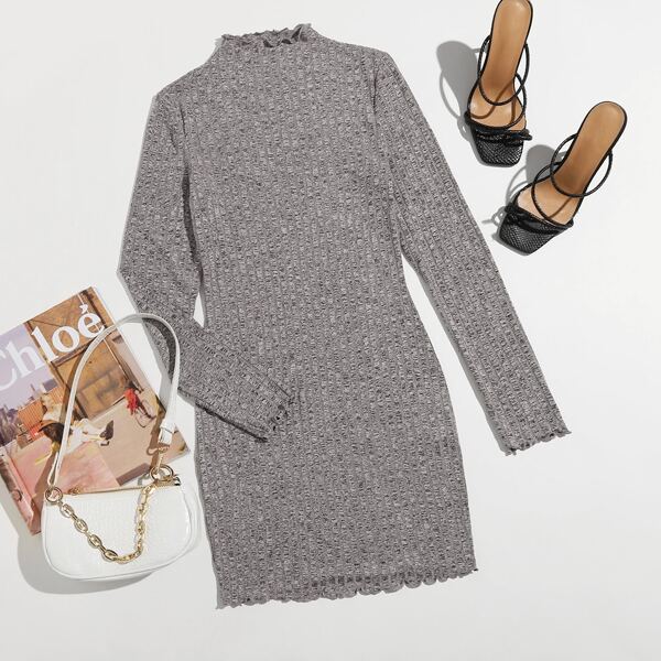 

Mock-neck Lettuce Edge Bodycon Dress, Grey