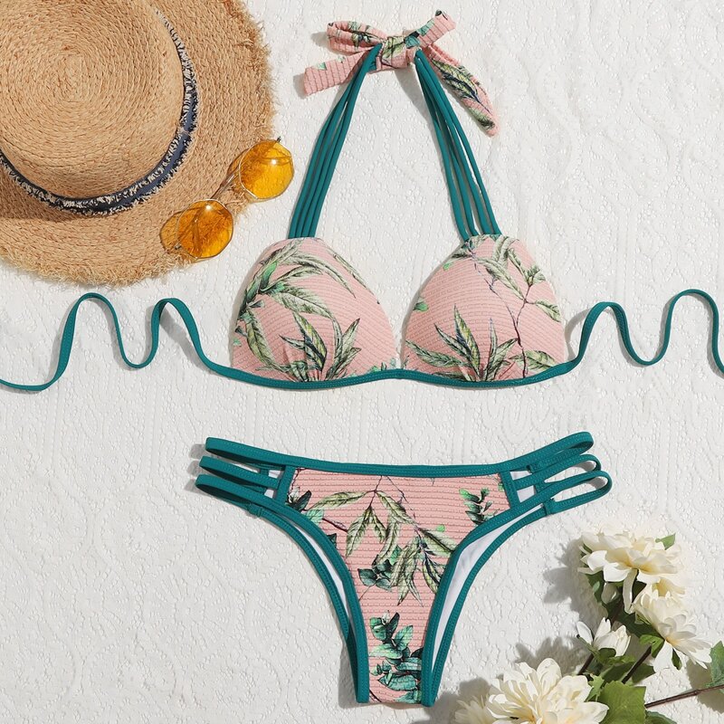 

Plants Print Ladder Cut-out Bikini Swimsuit, Multicolor