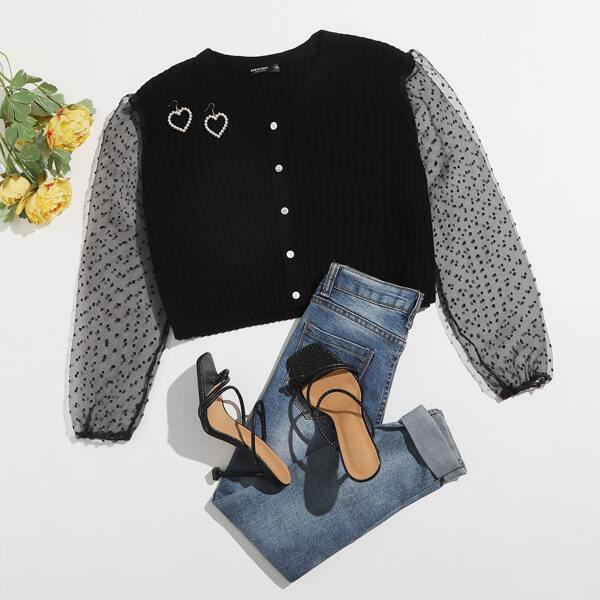 

Plus Swiss Dot Mesh Sleeve Button Front Cardigan, Black