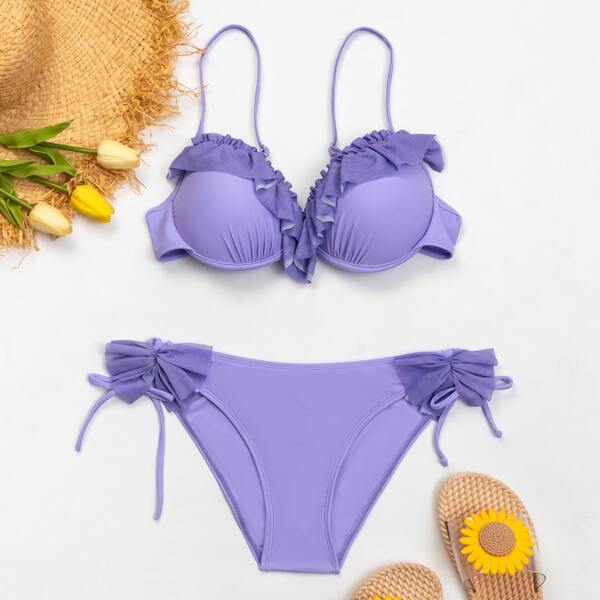 

Ruffle Push Up Tie Side Bikini Swimsuit, Violet purple