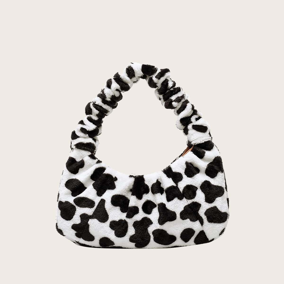 

Cow Print Fluffy Baguette Bag, Black and white