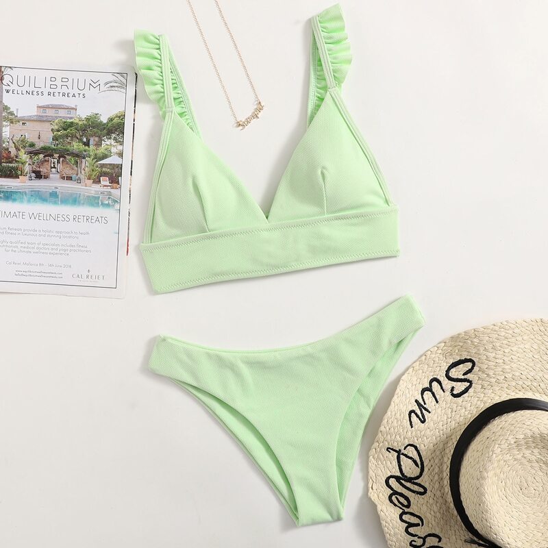 

Frill Trim Lace-up Bikini Swimsuit, Green pastel