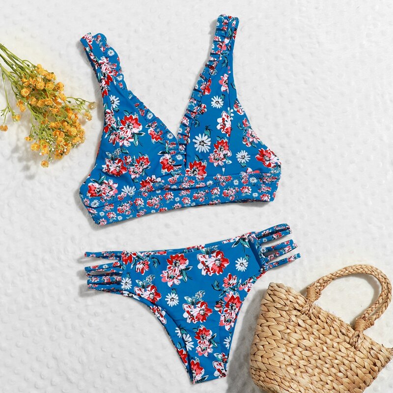 

Floral Frill Trim Bikini Swimsuit, Multicolor