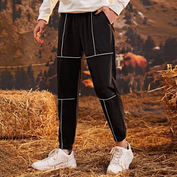 

Men Contrast Binding Drawstring Waist Joggers, Black