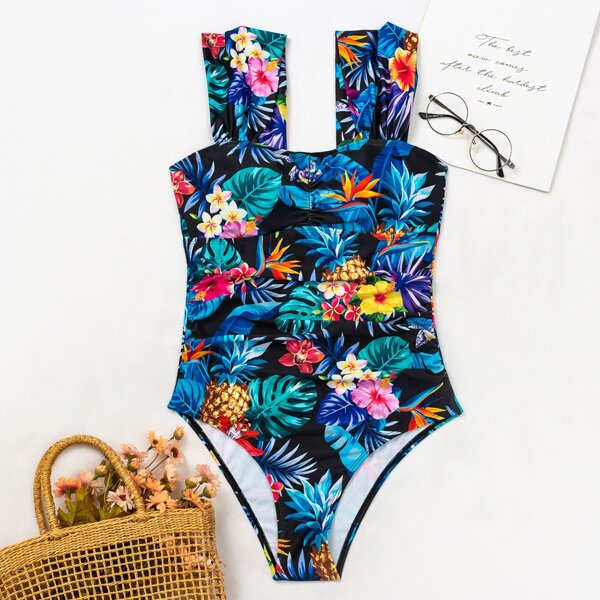 

Floral & Tropical Ruched One Piece Swimsuit, Multicolor