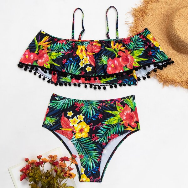 

Tropical Pom Pom Decor Flounce Bikini Swimsuit, Multicolor