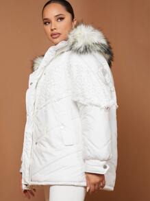 SHEIN Sequin Panel Frayed Trim Fuzzy Trim Parka Coat