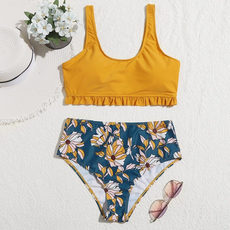 

Floral Frill High Waist Bikini Swimsuit, Multicolor