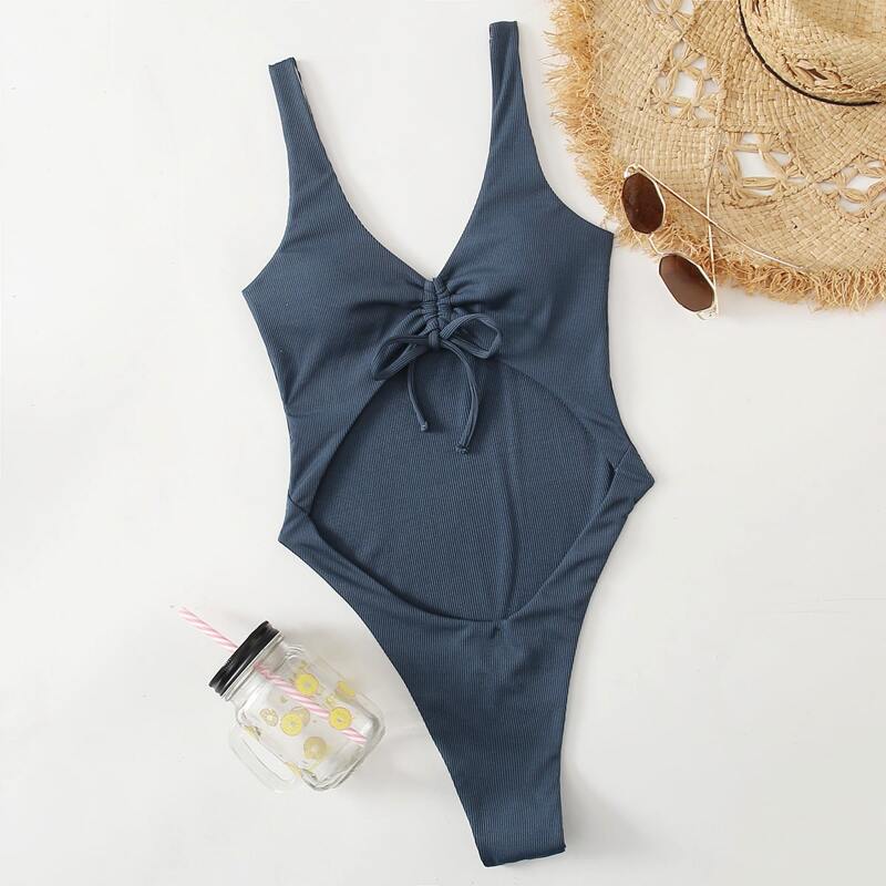 

Drawstring Front Cut-out One Piece Swimsuit, Dusty blue
