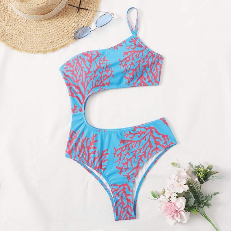 

Tree Print Cut-out Side One Piece Swimsuit, Multicolor