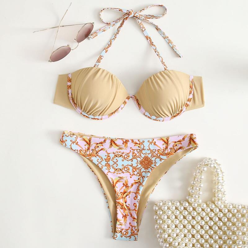 

Baroque Pattern Underwire Bikini Swimsuit, Multicolor