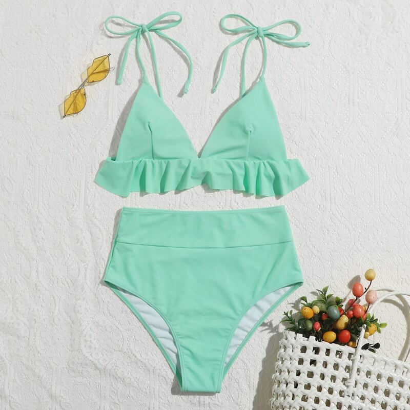 

Ruffle Hem High Waist Bikini Swimsuit, Mint green