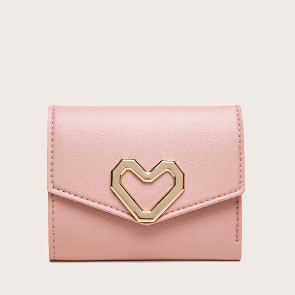 

Metal Heart Decor Fold Over Small Wallet, Pink
