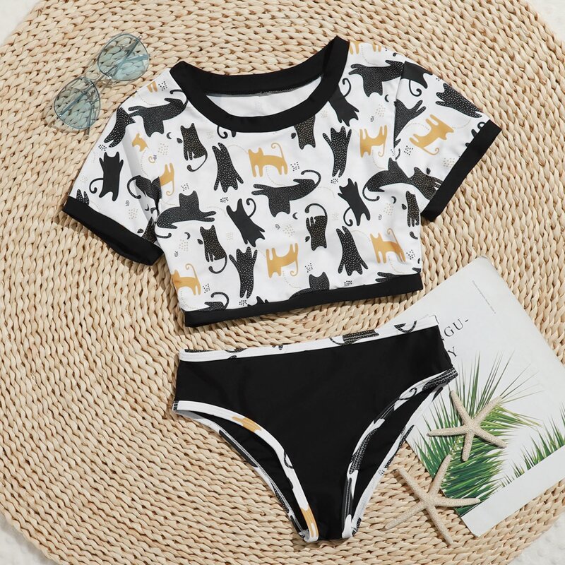 

Cat Print Contrast Binding Bikini Swimsuit, Multicolor