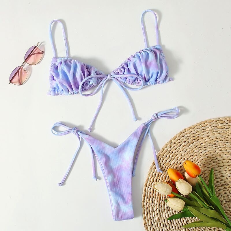 

Tie Dye Ruched Tie Side Bikini Swimsuit, Multicolor