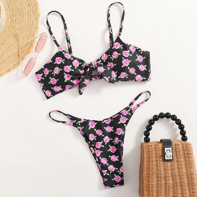 

Rose Print Knot Thong Bikini Swimsuit, Multicolor