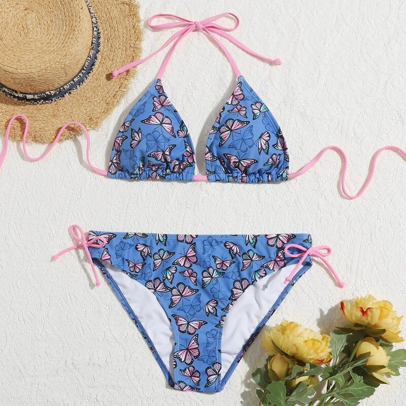 

Butterfly Print Triangle Bikini Swimsuit, Blue
