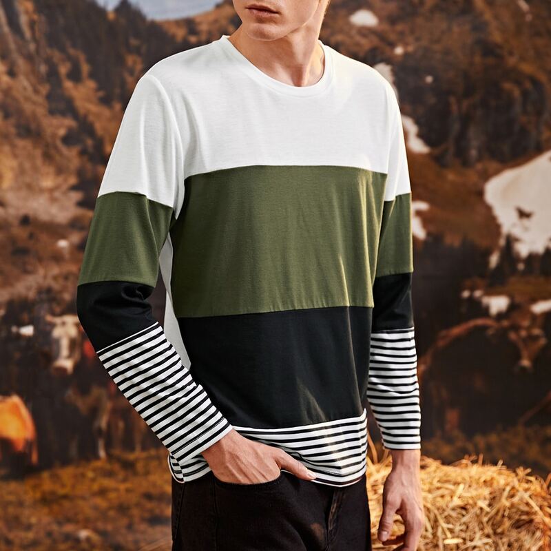 

Men Striped Colorblock Round Neck Tee, Multicolor