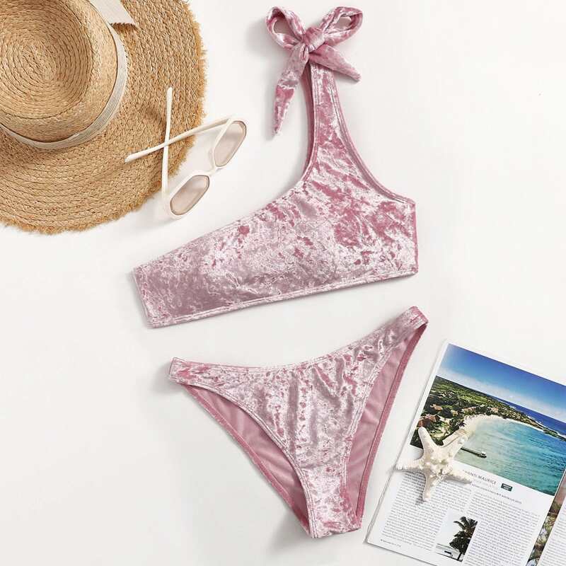 

Velvet One Shoulder Bikini Swimsuit, Dusty pink