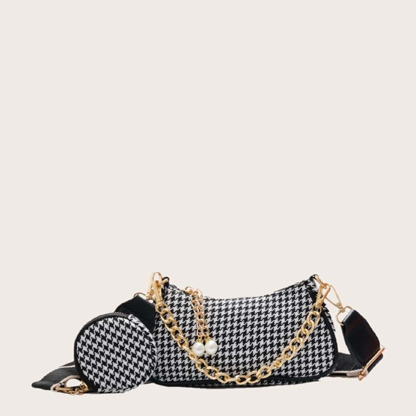 

Girls Houndstooth Chain Bag With Coin Case, Black