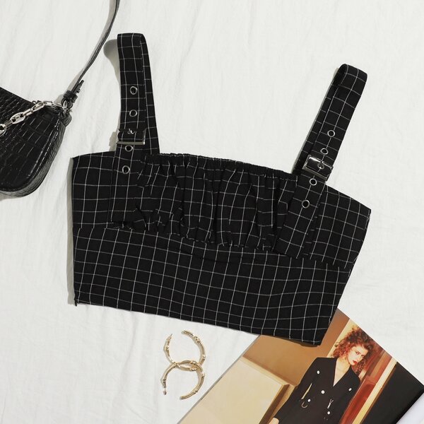 

Plaid Garment Eyelets Cami Top, Black