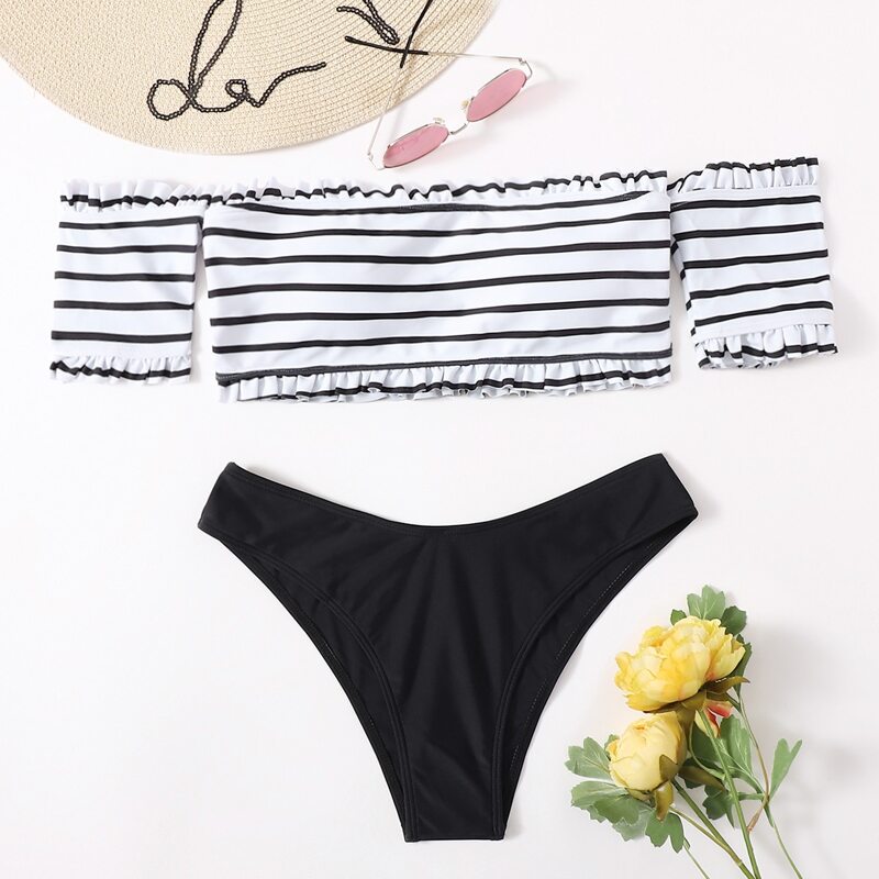 

Stripe Frill Trim Bikini Swimsuit, Black and white