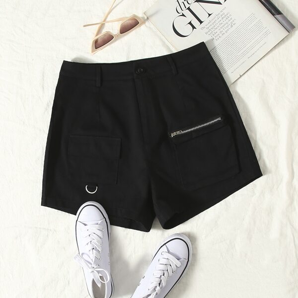

Solid Zipper Detail Wide Leg Shorts, Black