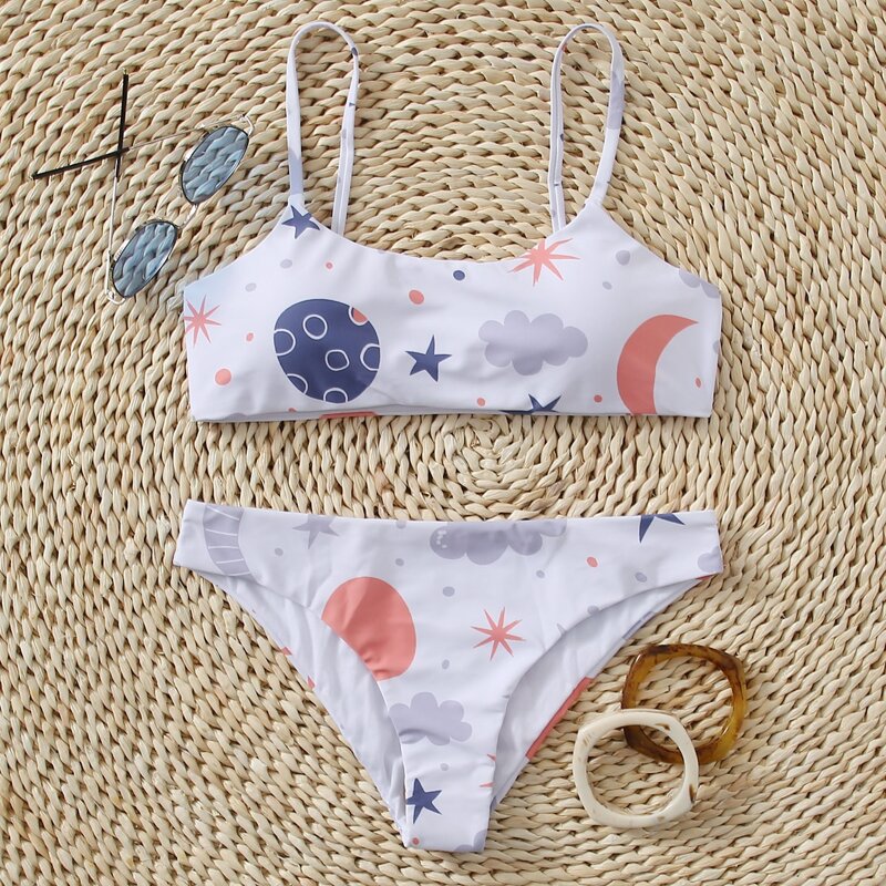 

Galaxy Pattern Cami Bikini Swimsuit, White