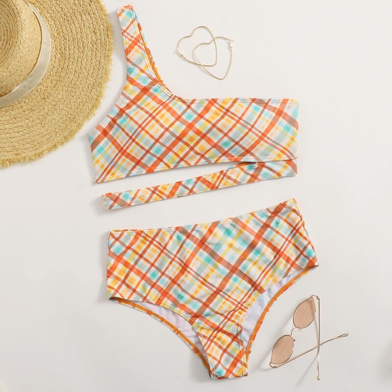 

Plaid One Shoulder Bikini Swimsuit, Multicolor
