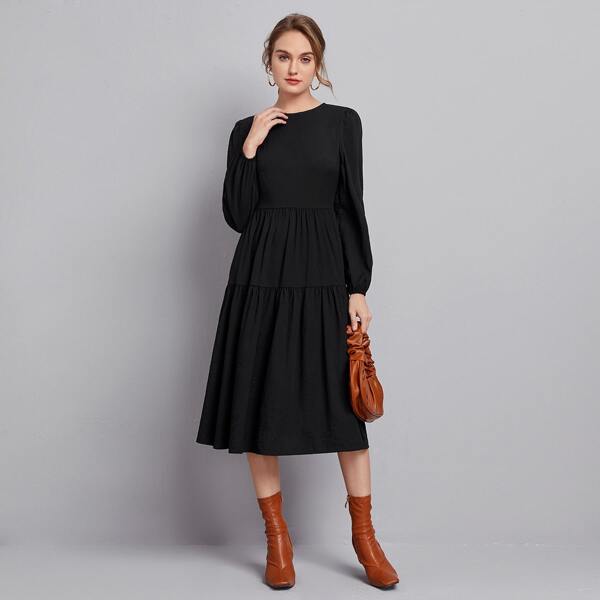

Lantern Sleeve Solid Ruffle Hem Dress, Black